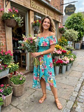 Attcas Floral Off-Shoulder Maxi Dress NWT Teal & Pink Hi-Low Boho Size M